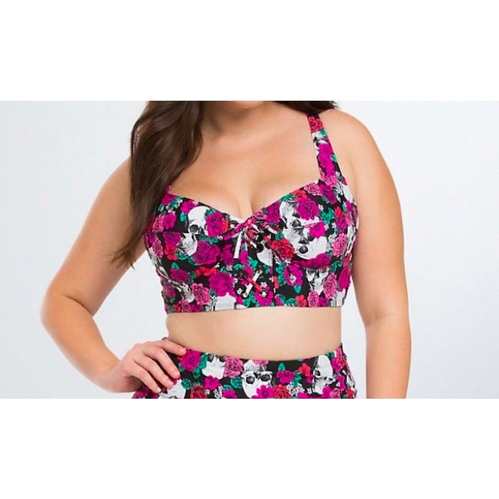 Floral Pink & Green Plus-Size Longline Bikini Top